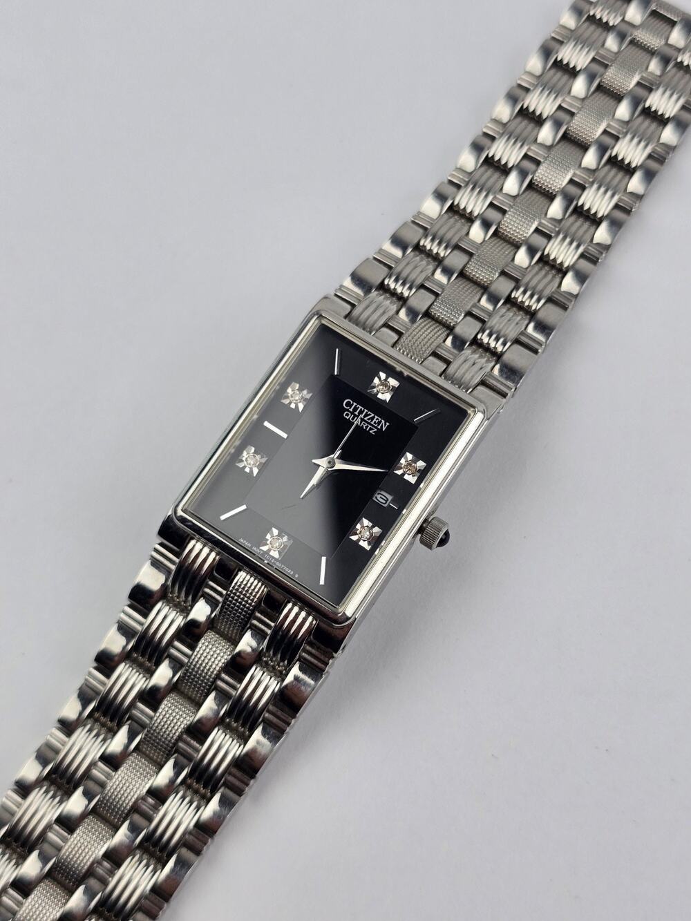 Citizen Women's Black Dial 25mm Square Quartz Watch Diamond Marker Stainless 7"